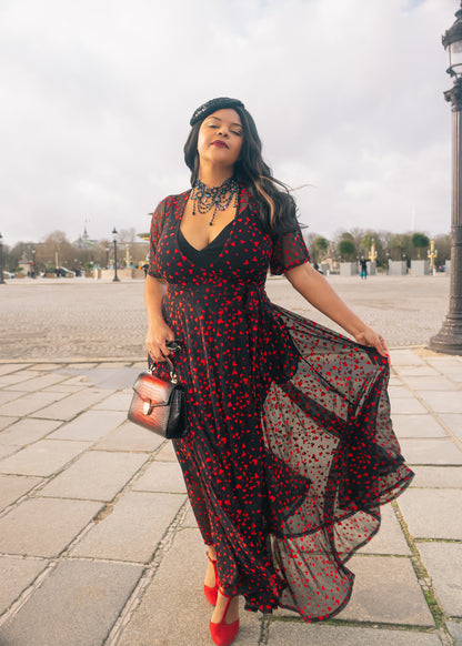 red dress with black mesh Lydia Wrap Dress in Black Queen of Hearts Flocked Mesh XS