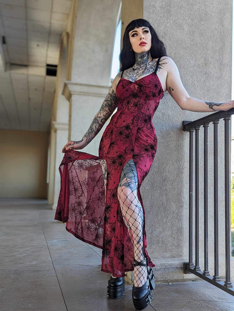 Lily Slip Dress in Oxblood Mesh Flocked Spiderwebs