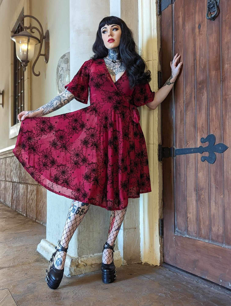 Aurora Wrap dress in Flocked Spiderweb Oxblood Mesh