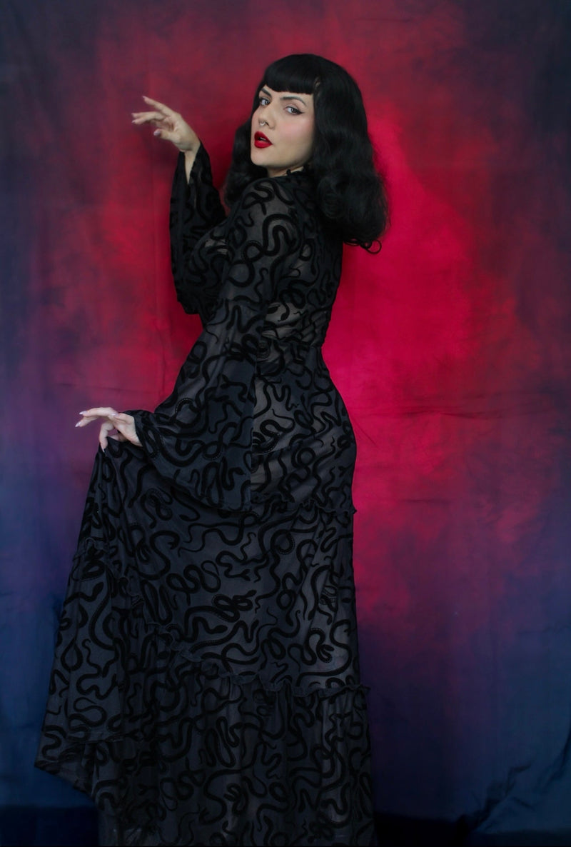 Sloane - Velvet Flocked Snake Maxi Dress with Bell Sleeves - by Witchwood Bags