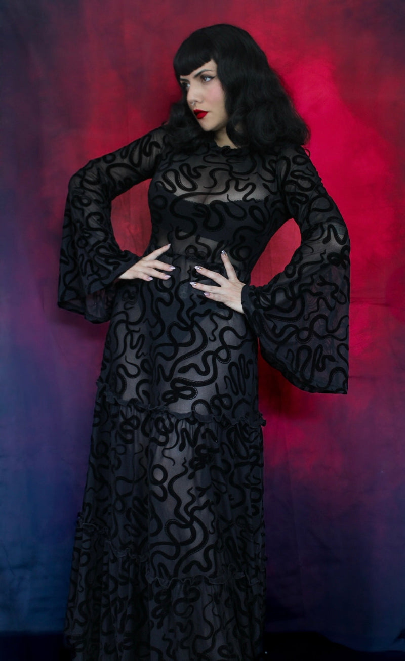 Sloane - Velvet Flocked Snake Maxi Dress with Bell Sleeves - by Witchwood Bags