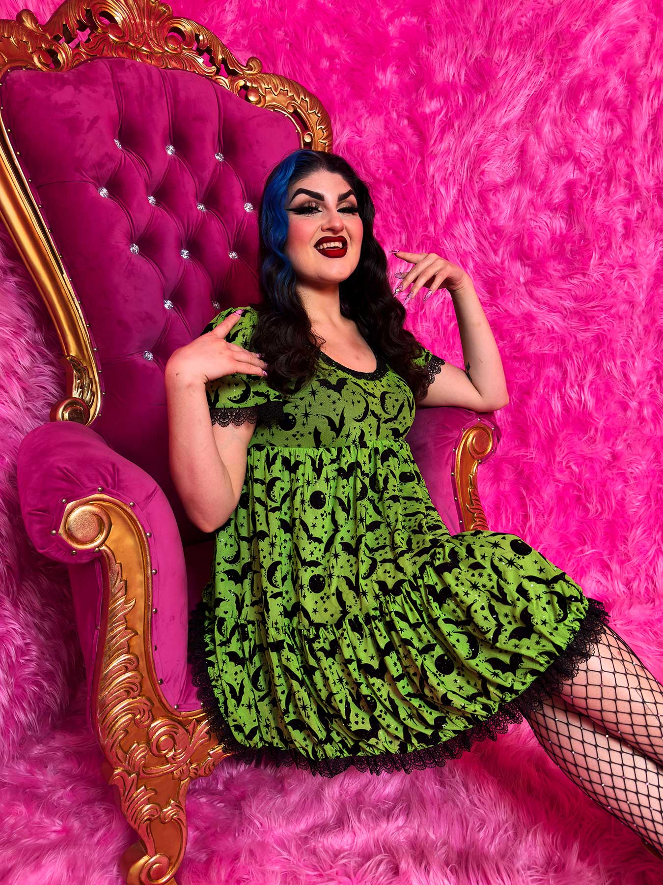Raven Dress in Neon Green Queen of Halloween Flocked Sparkle Mesh
