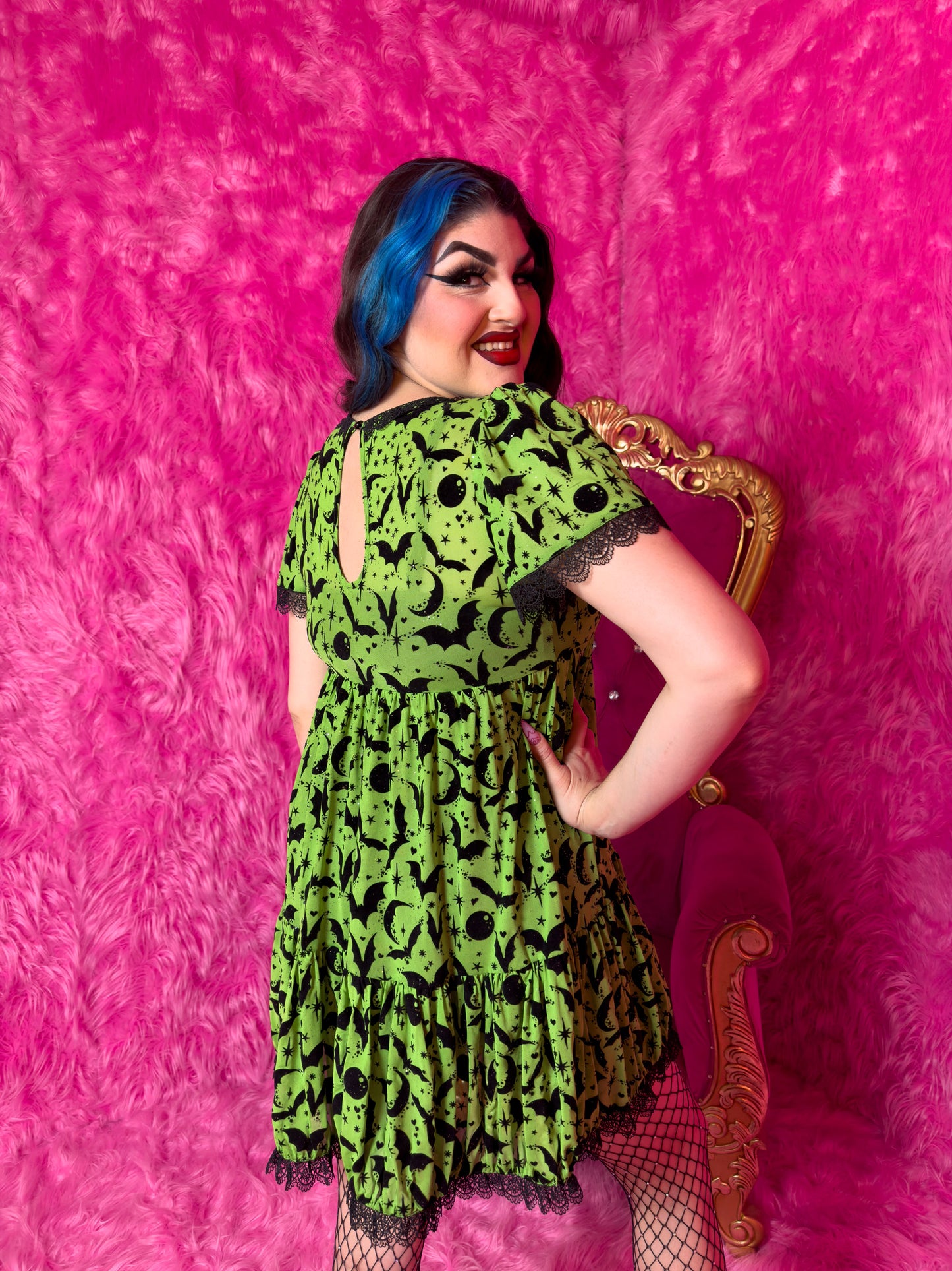 Raven Dress in Neon Green Queen of Halloween Flocked Sparkle Mesh