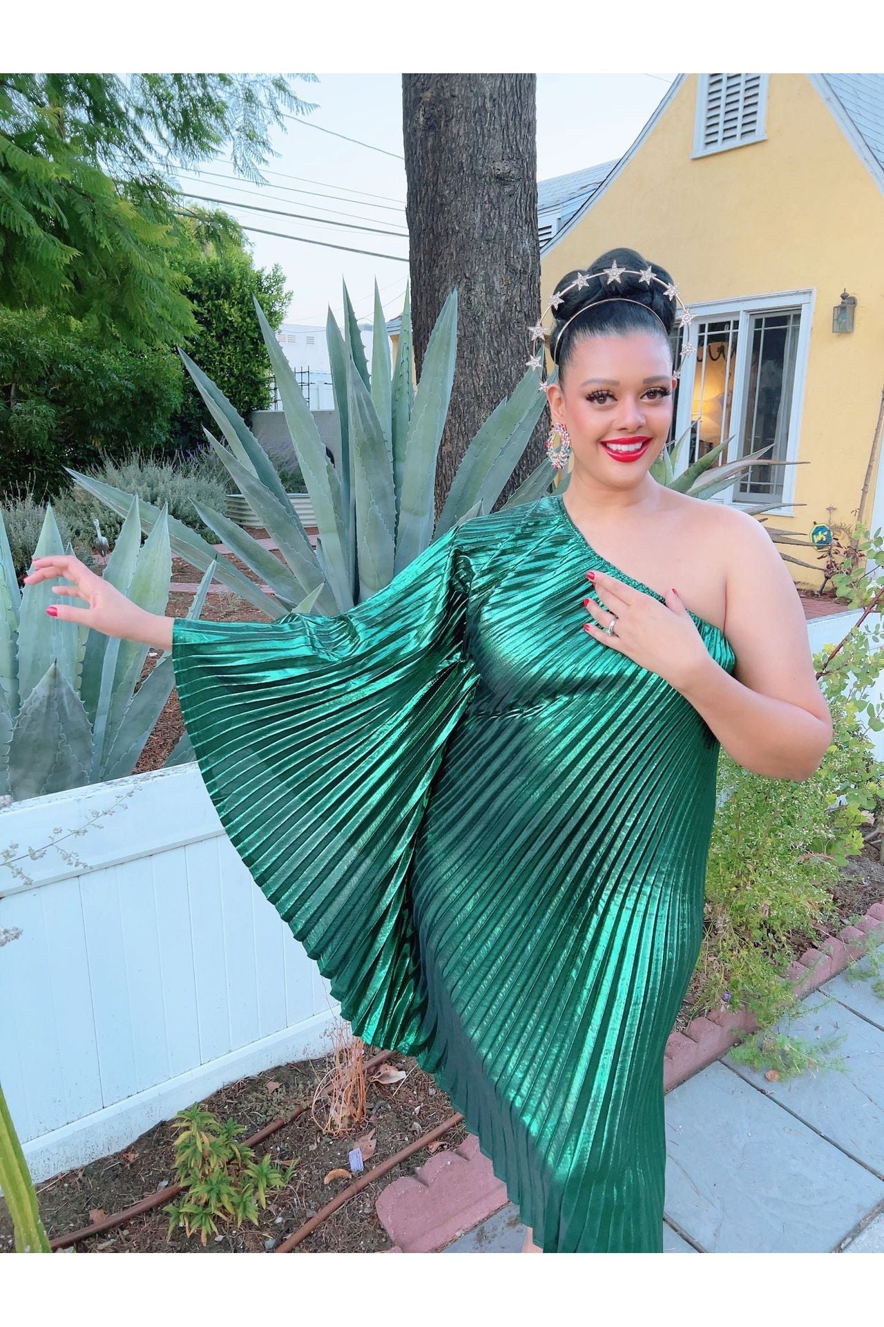 Audrey K Designs Vibrant Green Metallic One Shoulder Designer Dress