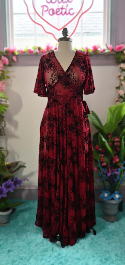 oxblood spiderweb lydia wrap dress