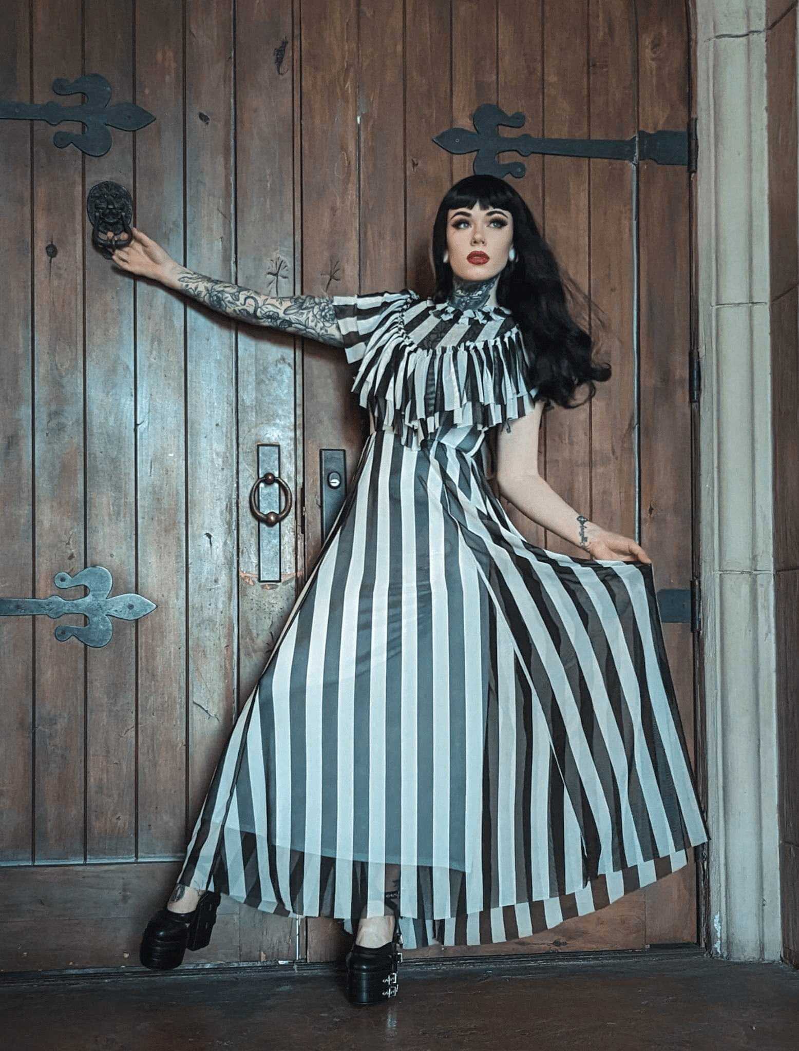 mesh stripe dress Striped Mesh Maxi Dress Black