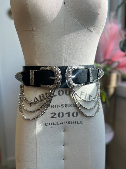 Silver Filigree Triple Chain Elastic Belt with Oversized Buckle Detail