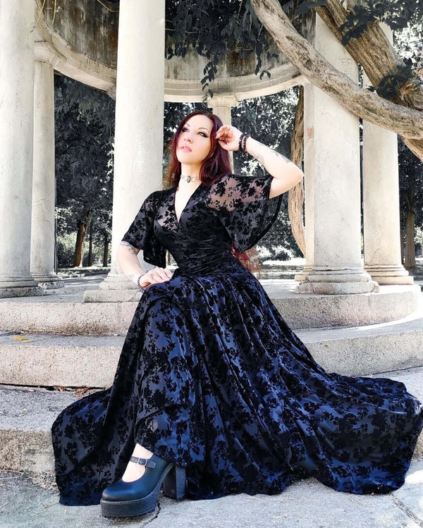 Lydia Wrap Dress in Flocked Floral Black Mesh