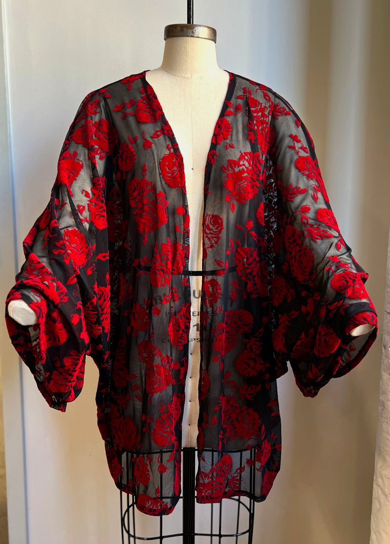 Red rose flocked mesh kimono with oversized long sleeves, perfect year-round outfit topper in dramatic goth style.