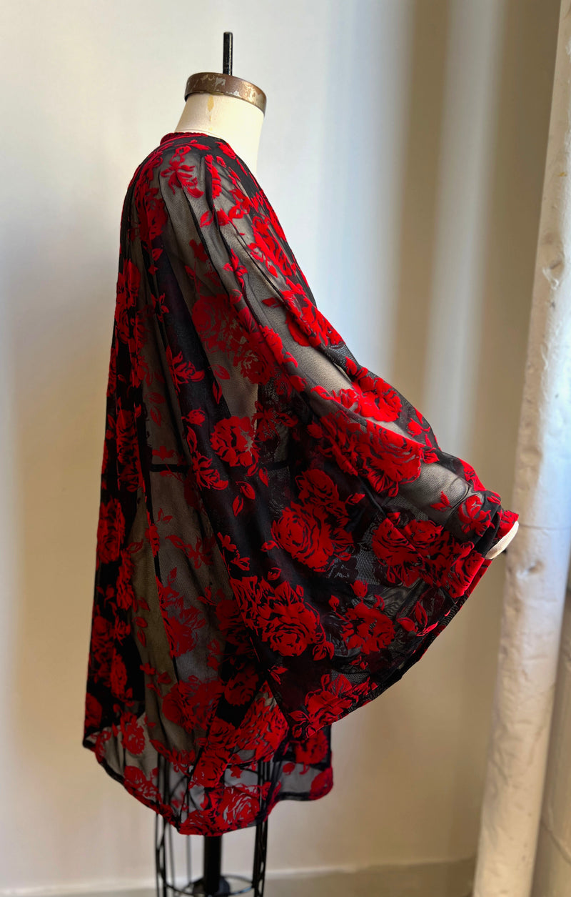 Dramatic red rose flocked mesh kimono with long sleeves, perfect oversized outfit topper, one size fits all.