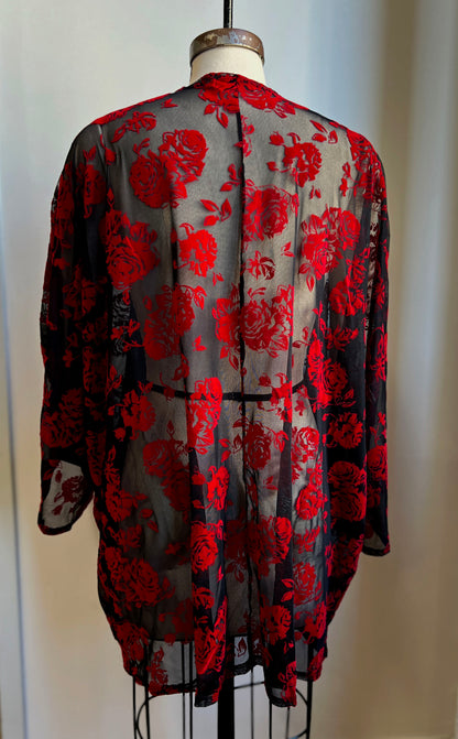 Red Rose Flocked Mesh Kimono