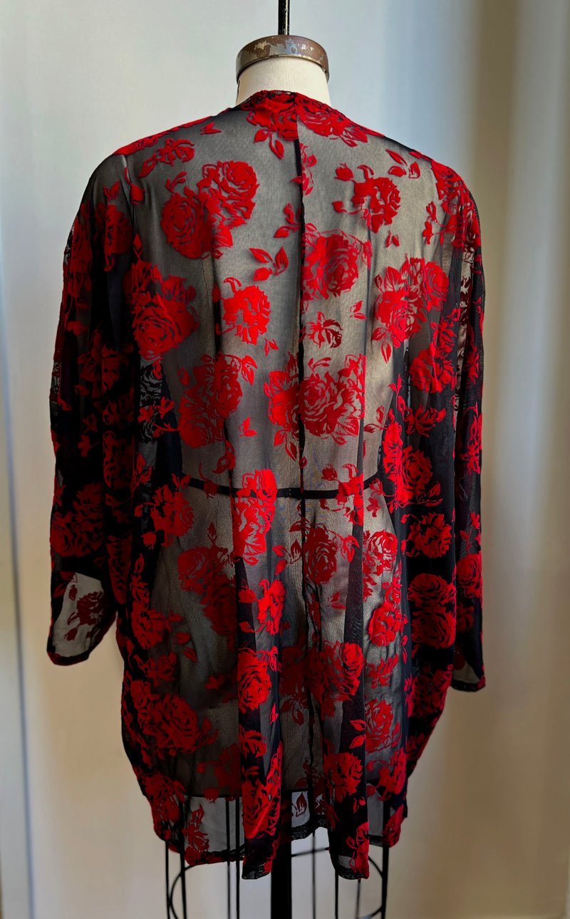 Back view of a dramatic red rose flocked mesh kimono with long sleeves, perfect for oversized styling.