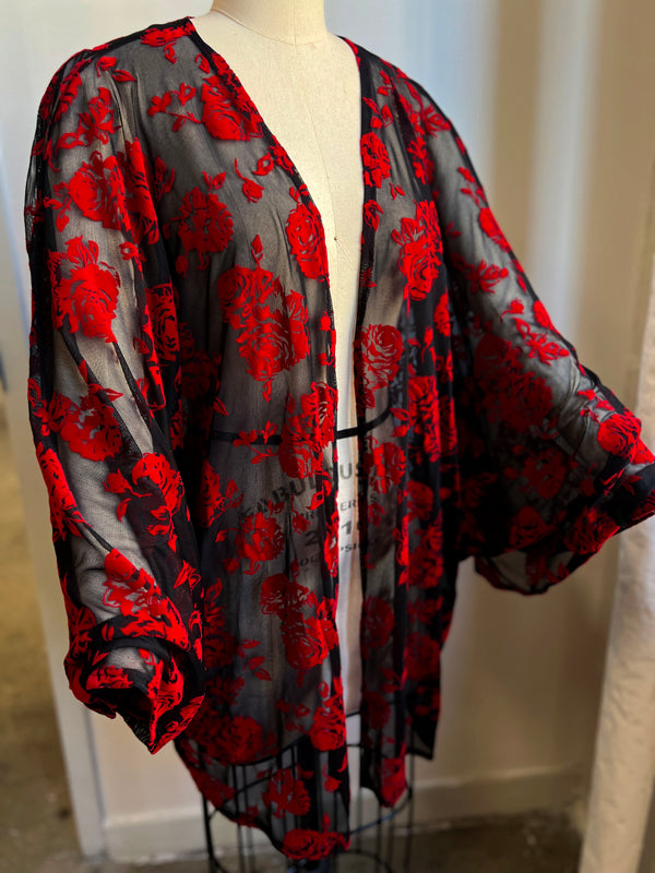 Oversized red rose flocked mesh kimono with long sleeves, perfect year-round outfit topper for a dramatic goth look.