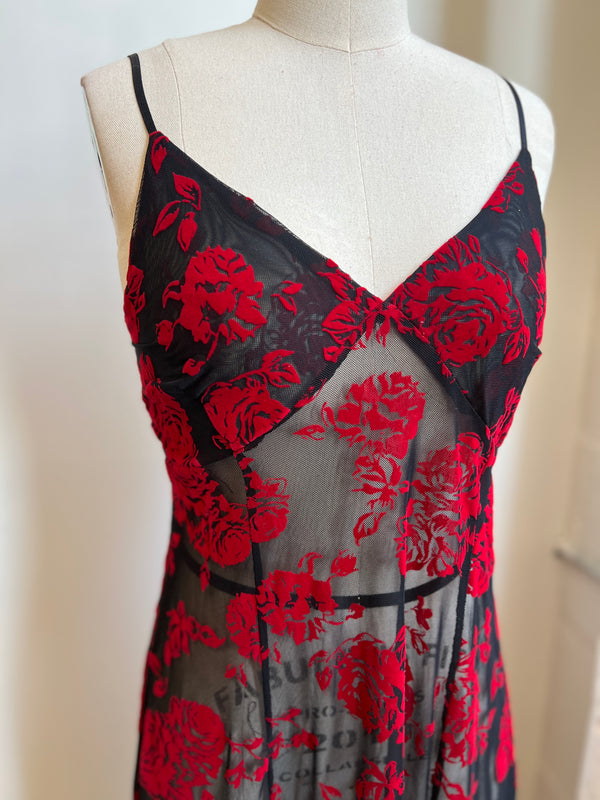 Lily Slip Dress in Red Rose Flocked Mesh