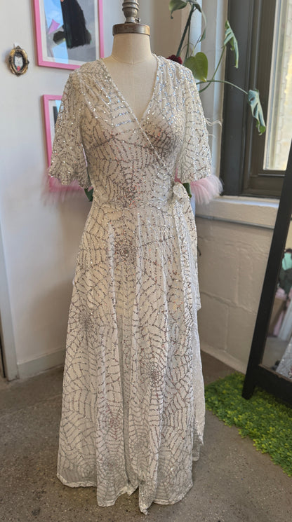 *PRE ORDER* Lydia Wrap Dress in White and Silver Sequin Spiderwebs