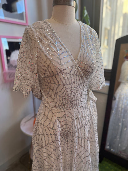 *PRE ORDER* Lydia Wrap Dress in White and Silver Sequin Spiderwebs