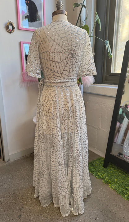 *PRE ORDER* Lydia Wrap Dress in White and Silver Sequin Spiderwebs