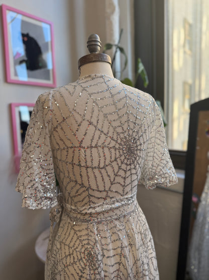 *PRE ORDER* Lydia Wrap Dress in White and Silver Sequin Spiderwebs