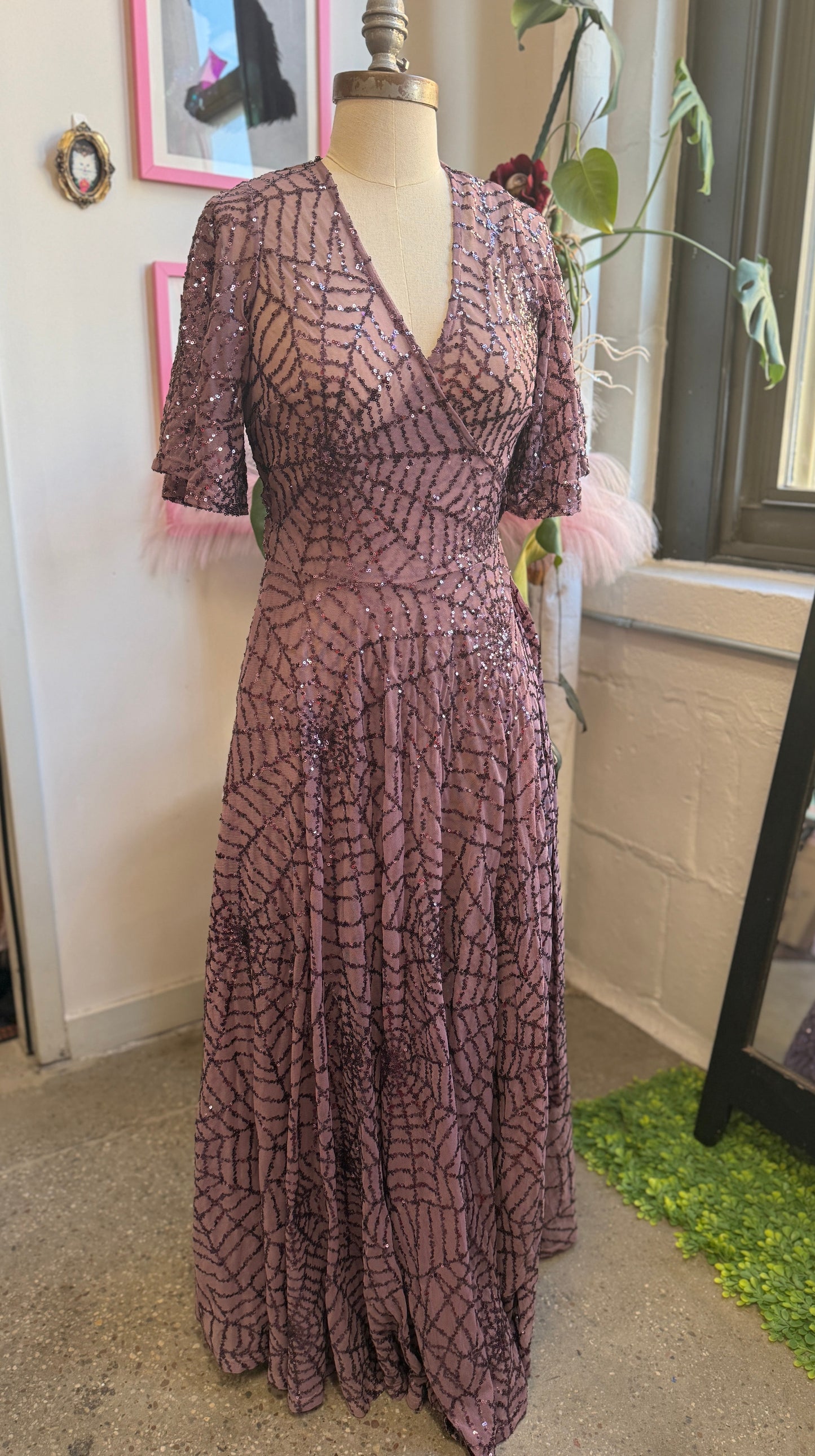 mauve spiderweb lydia wrap dress with sequins