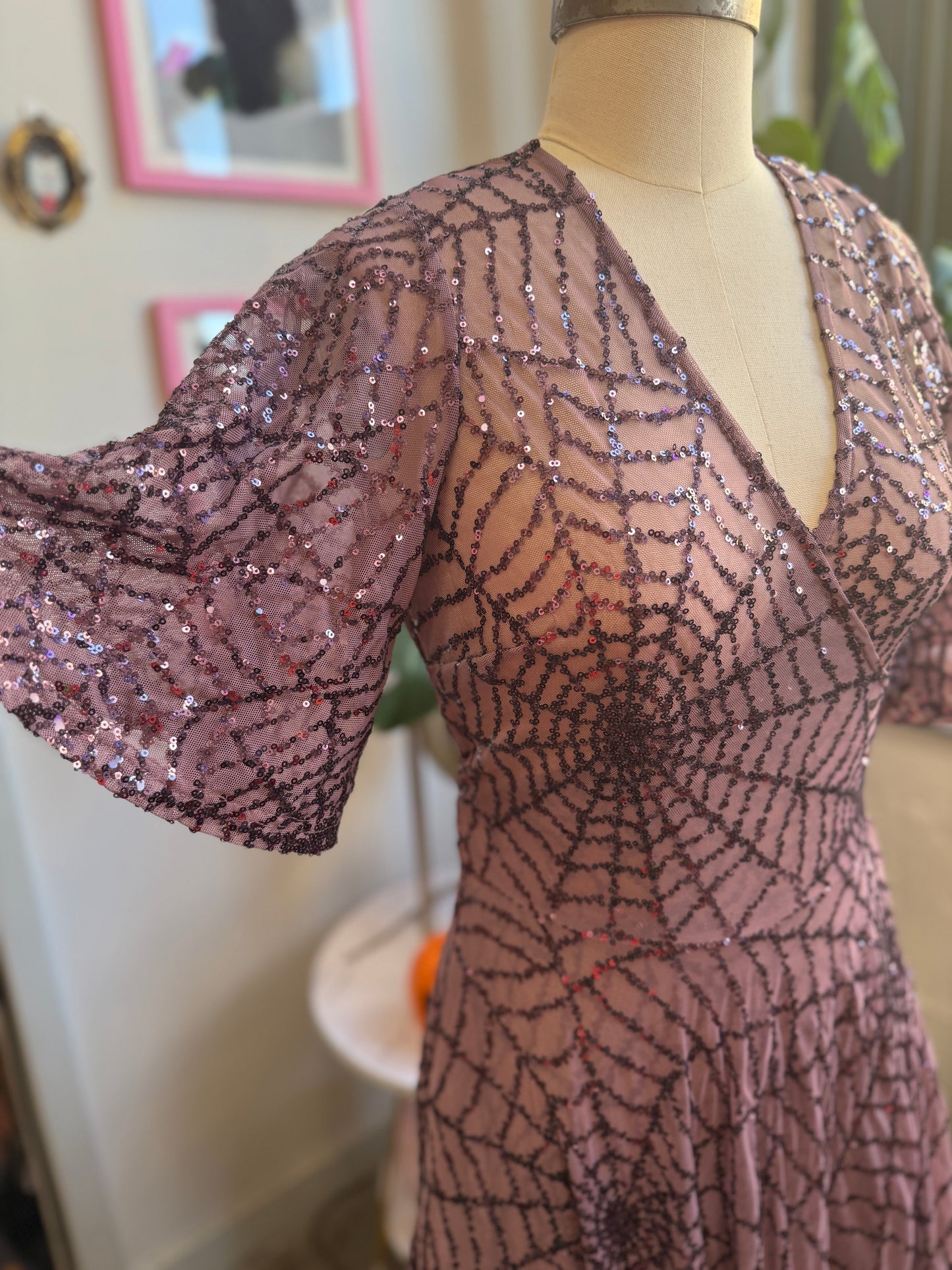 mauve spiderweb lydia wrap dress with sequins
