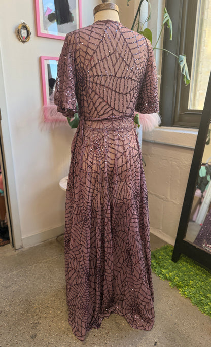 mauve spiderweb lydia wrap dress with sequins
