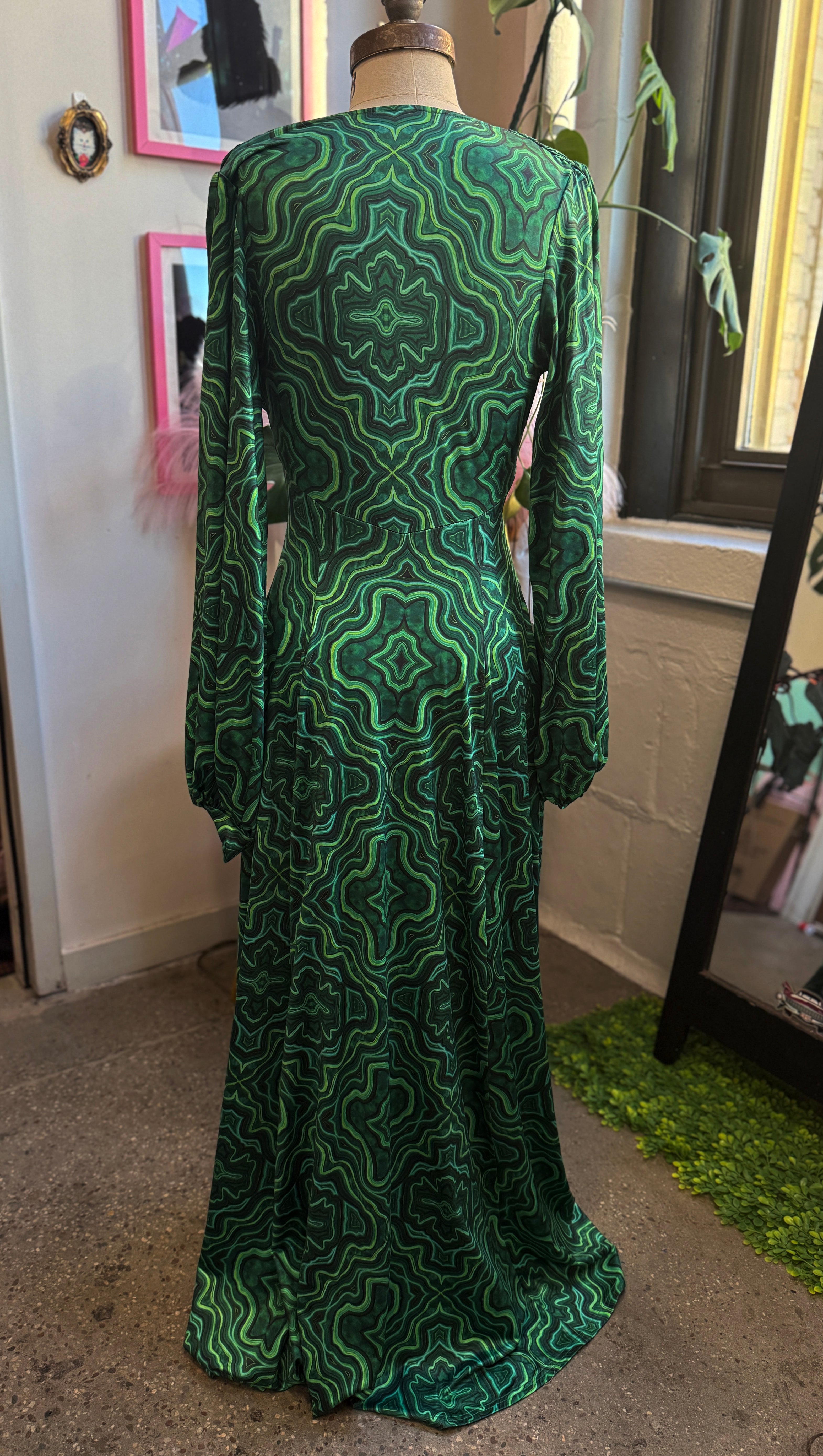 PRE ORDER* Raquel Maxi Dress with Bishop Sleeves in Malachite Kaleido