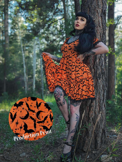 queen of halloween orange black bat baby doll dress