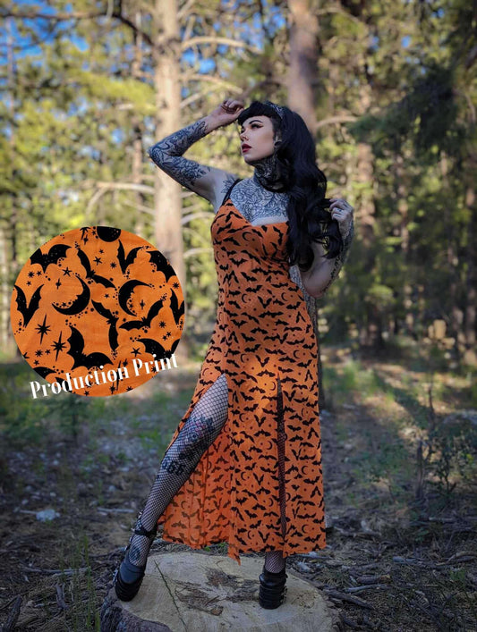 Lily Slip Dress in Orange Queen of Halloween Flocked Sparkle Mesh