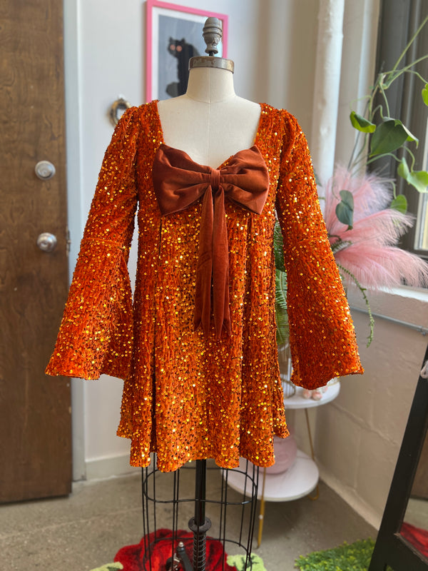 Priscilla 60's Mini Dress in Pumpkin Orange Sequin Velvet