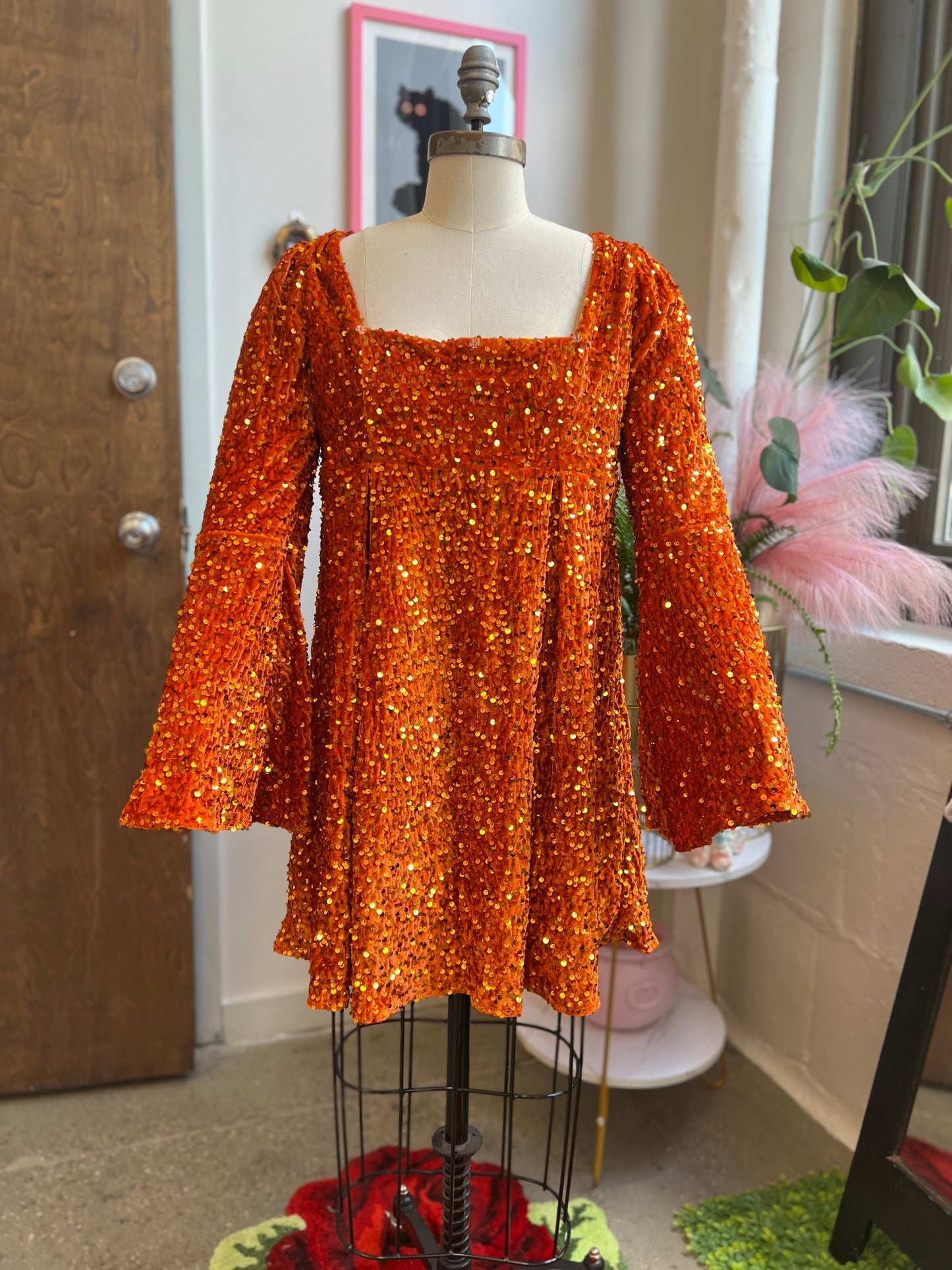 Priscilla 60's Mini Dress in Pumpkin Orange Sequin Velvet