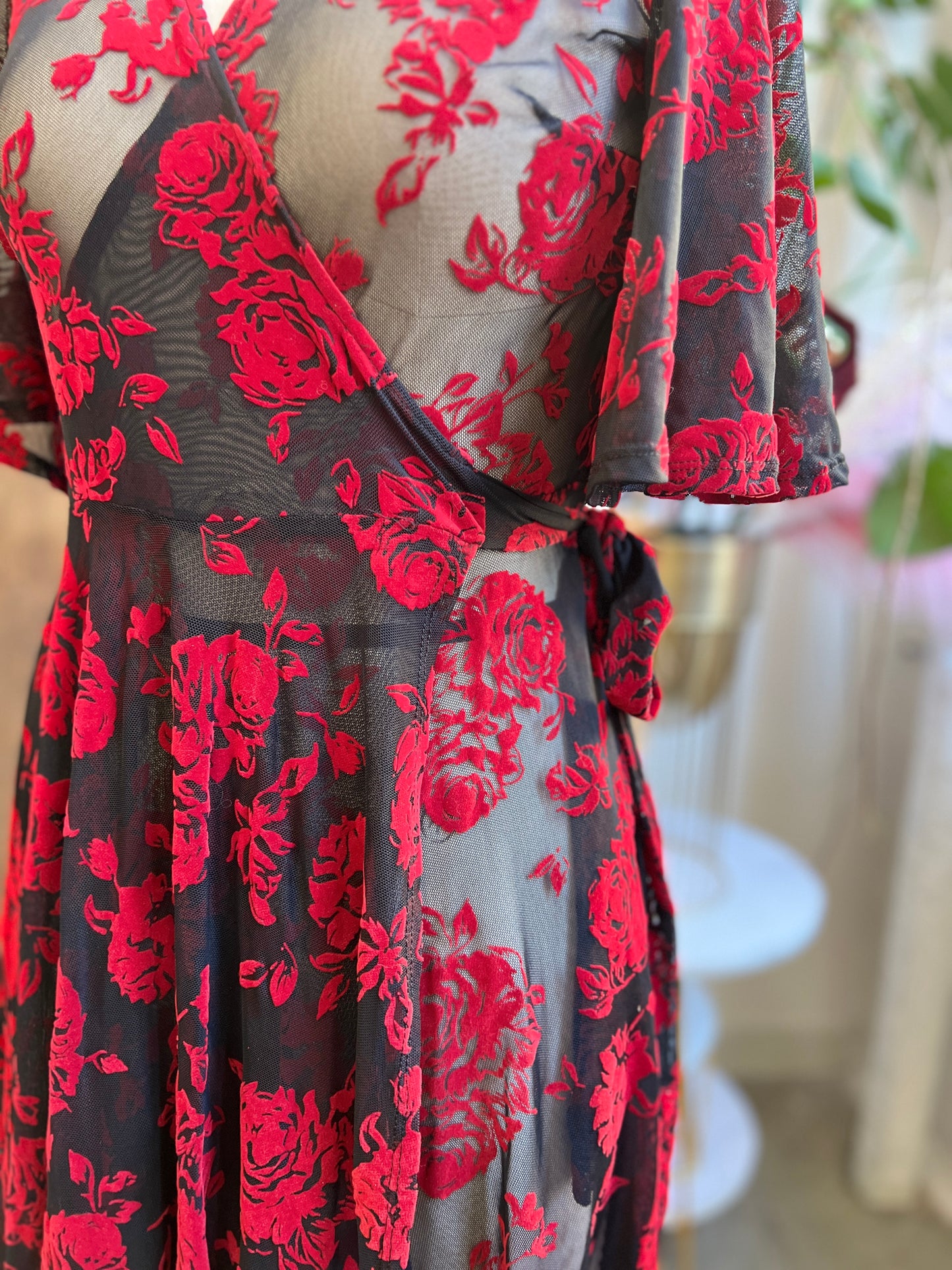 *PRE ORDER* Aurora Wrap Dress in Flocked Red Roses