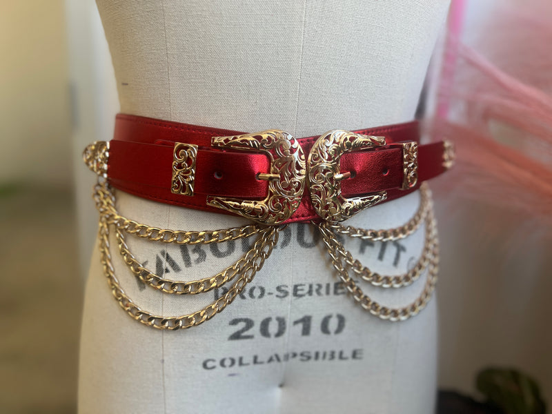 Western-style faux leather belt with triple chains