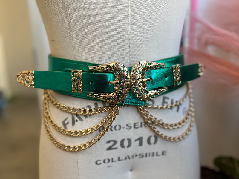 Western-style faux leather belt with triple chains