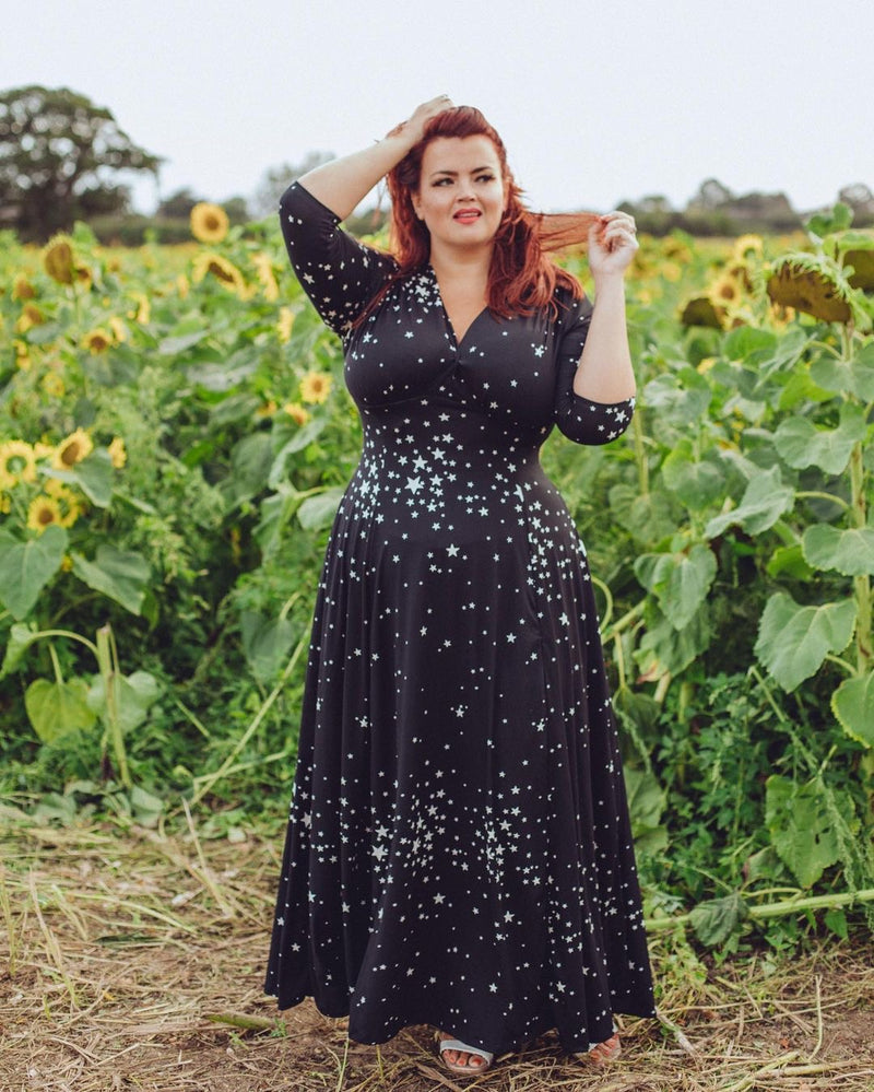 Raquel 3/4 Sleeve Black Maxi Star Clusters dress