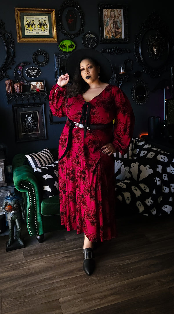 Oxblood Penny Maxi dress with Flocked Spiderwebs