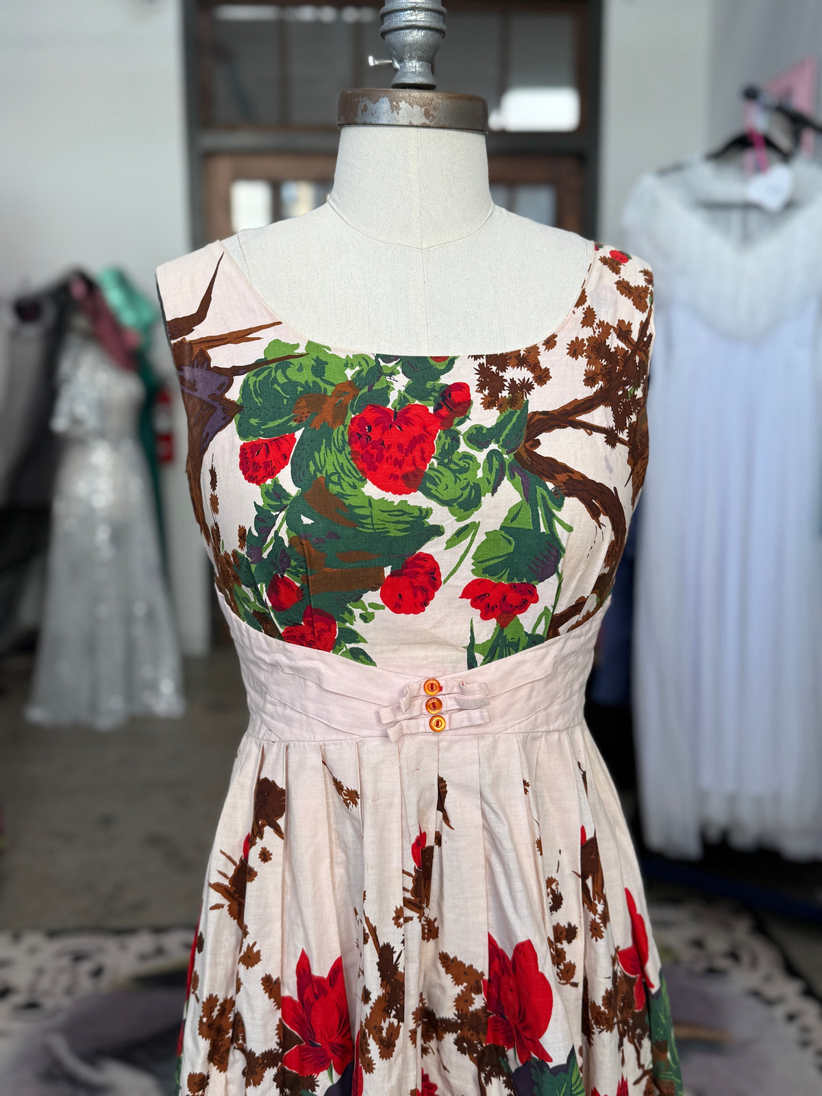 Vintage Woodsy Floral Cotton Dress S/M