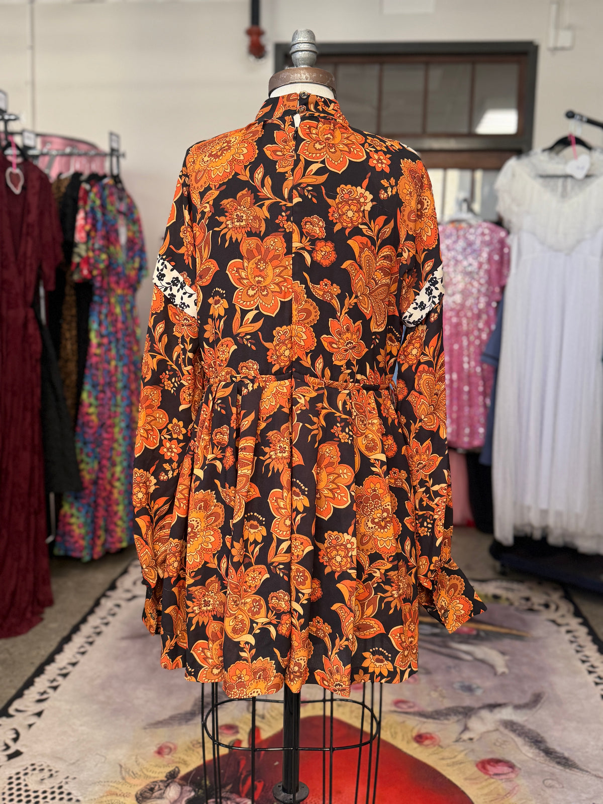Vintage Mixed Print Foliage Mini Dress with Sleeves L/XL