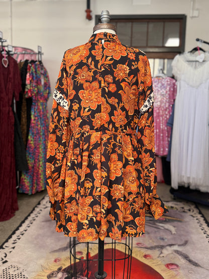 Vintage Mixed Print Foliage Mini Dress with Sleeves L/XL