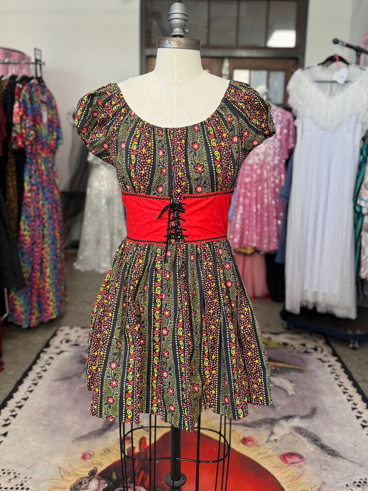 Vintage Peasant Dress with Lace Front S/M
