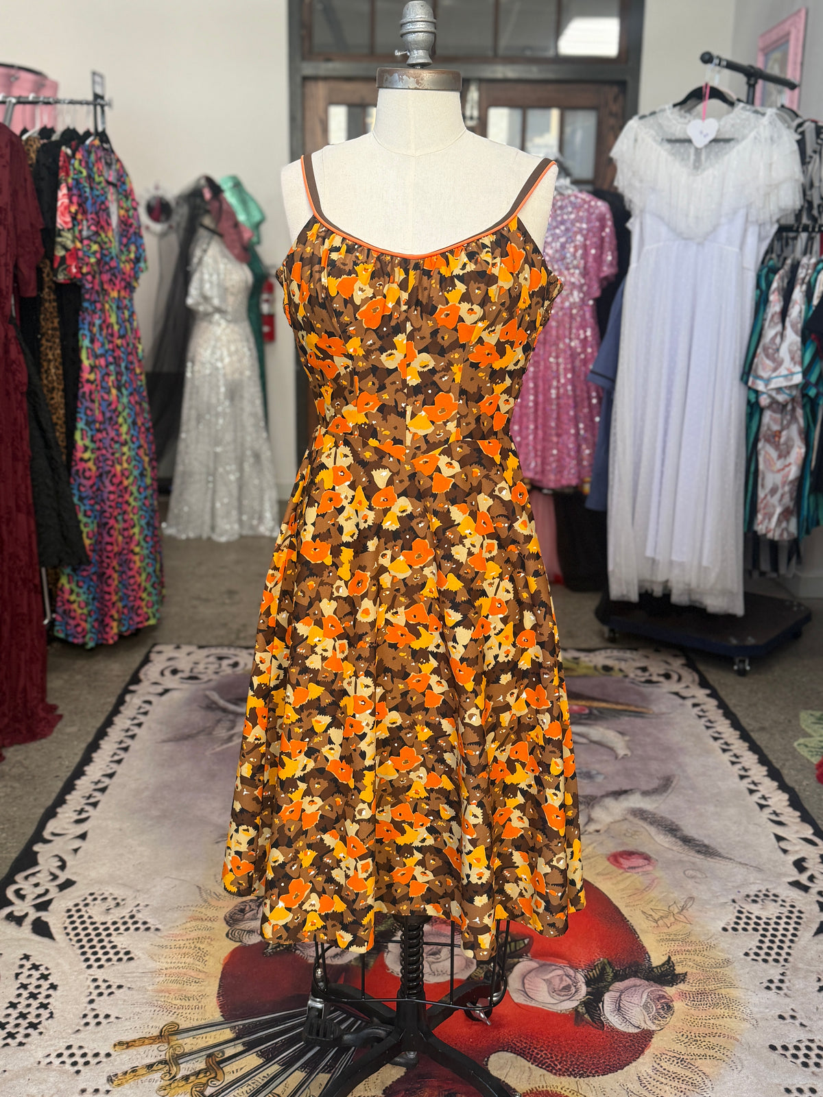 Vintage Fall Geometric Floral Swing Dress with Built In Bra S/M/L
