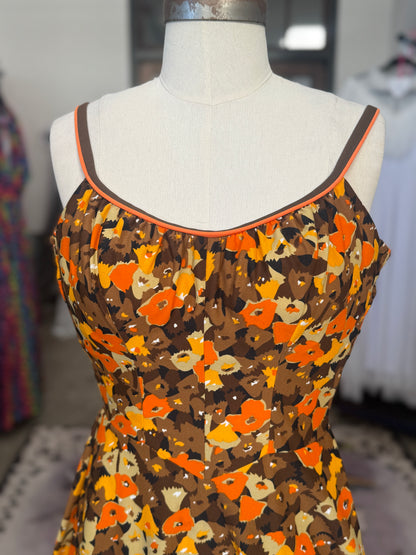 Vintage Fall Geometric Floral Swing Dress with Built In Bra S/M/L