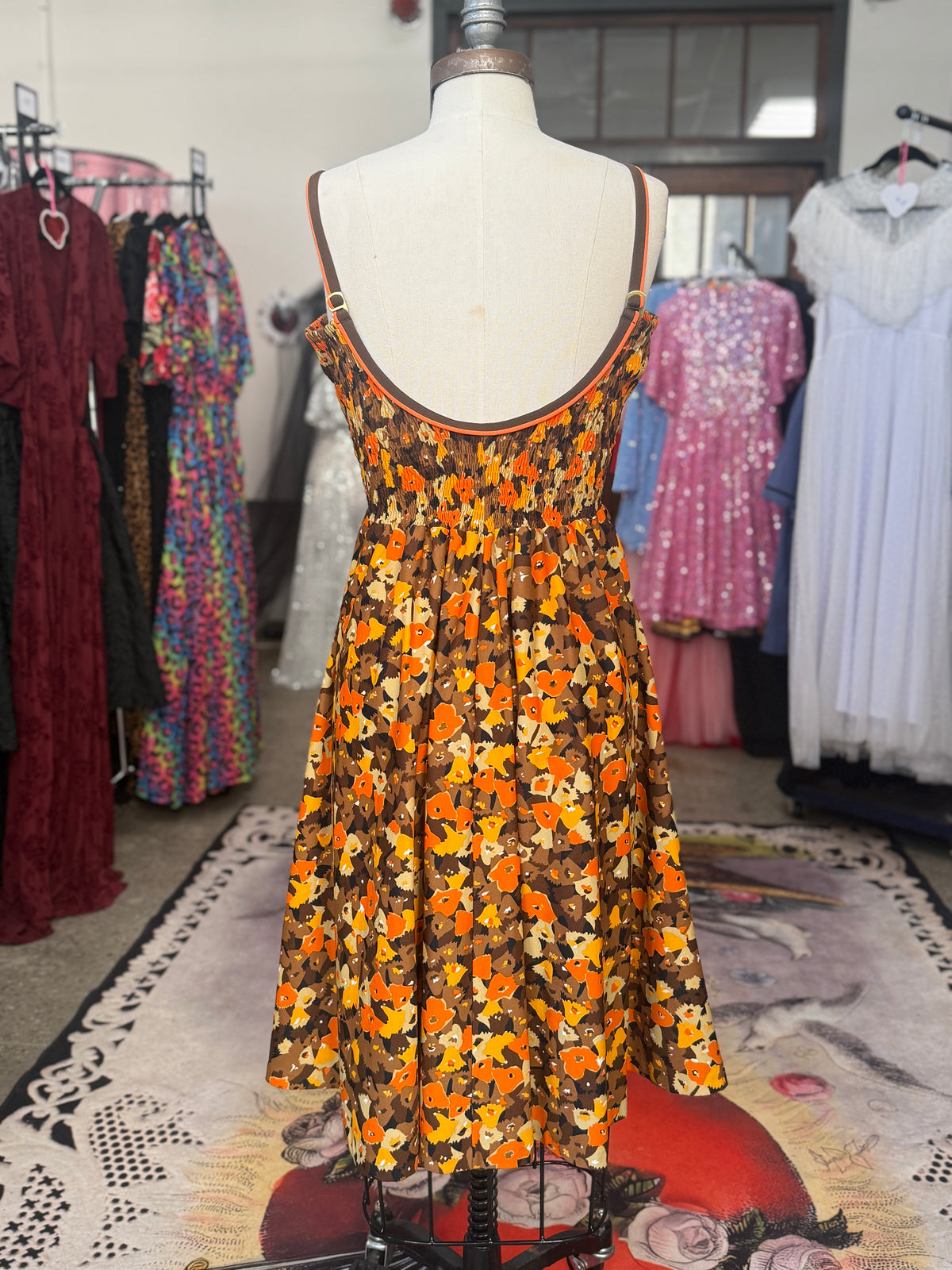 Vintage Fall Geometric Floral Swing Dress with Built In Bra S/M/L