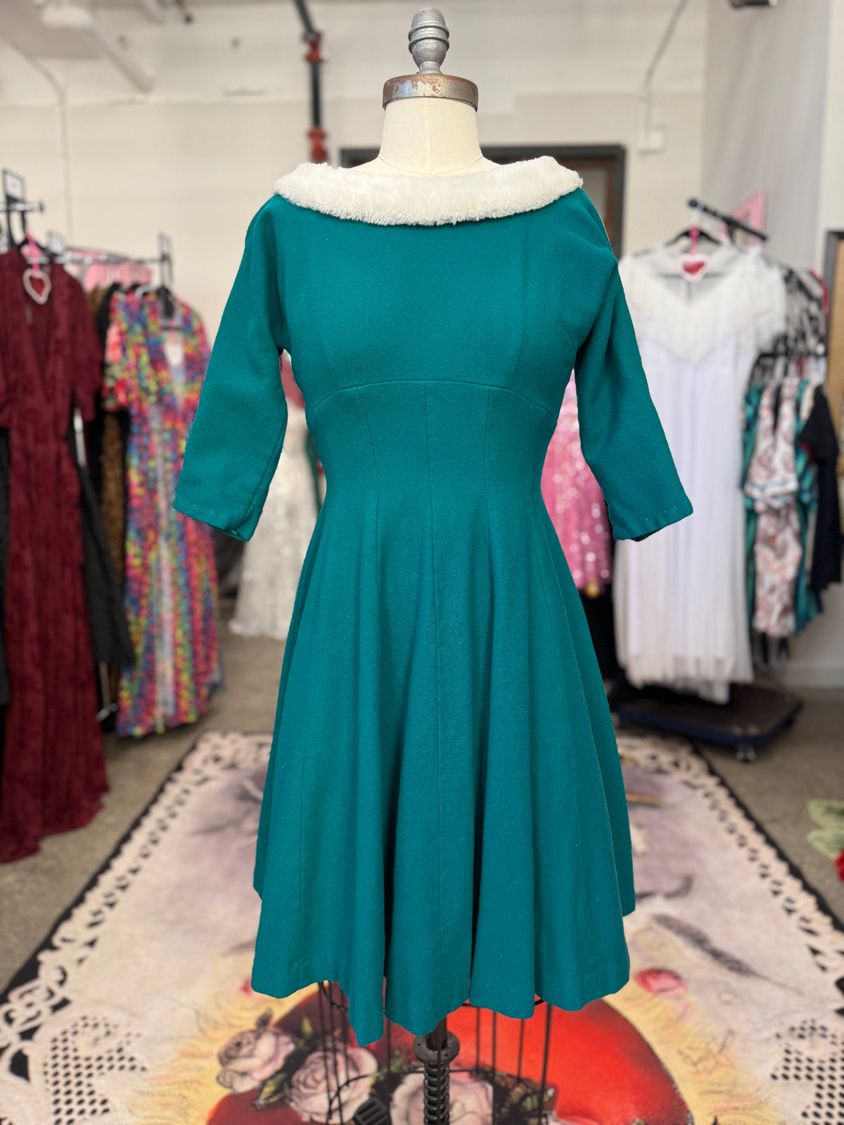Vintage Wool Teal Holiday Dress with Faur Fur Collar and Bow M