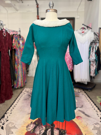 Vintage Wool Teal Holiday Dress with Faur Fur Collar and Bow M