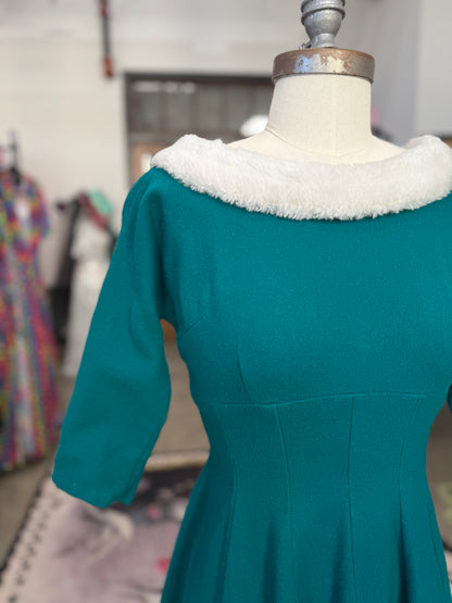 Vintage Wool Teal Holiday Dress with Faur Fur Collar and Bow M