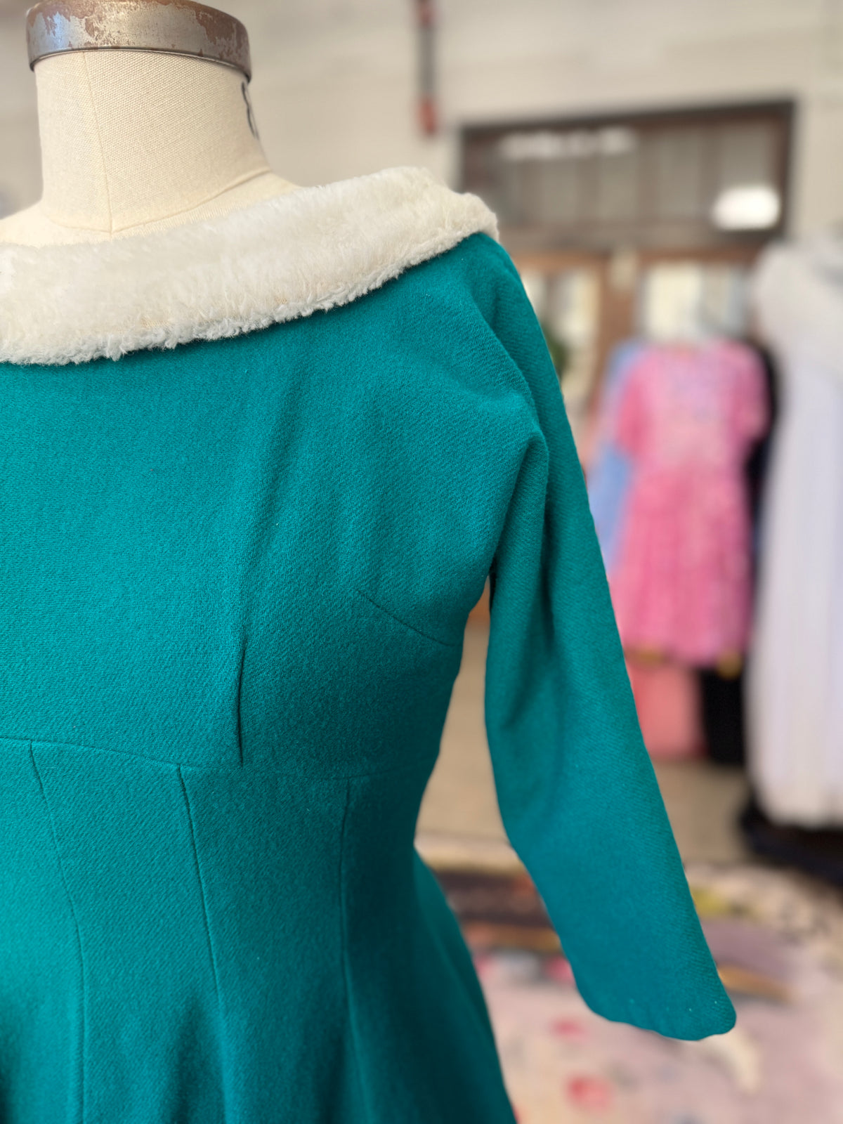 Vintage Wool Teal Holiday Dress with Faur Fur Collar and Bow M