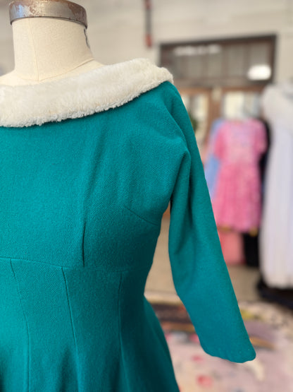 Vintage Wool Teal Holiday Dress with Faur Fur Collar and Bow M