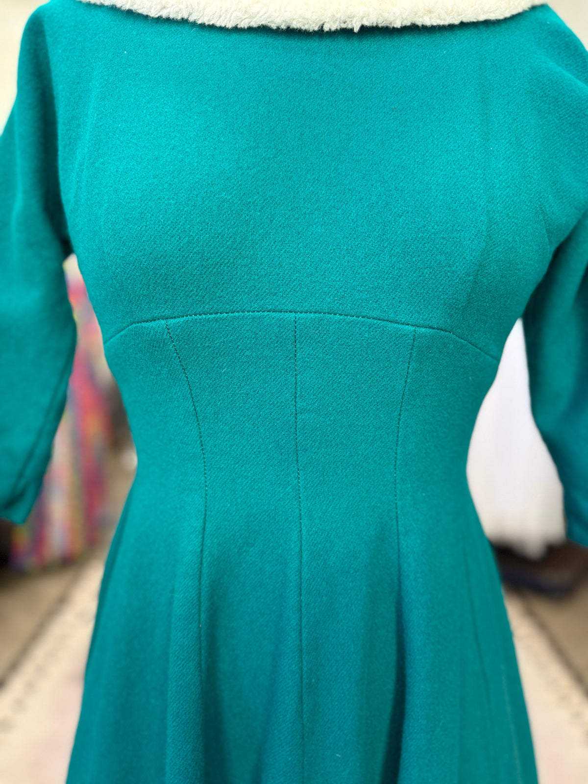 Vintage Wool Teal Holiday Dress with Faur Fur Collar and Bow M