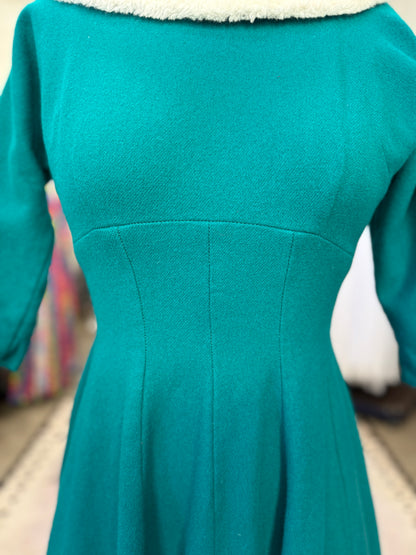 Vintage Wool Teal Holiday Dress with Faur Fur Collar and Bow M
