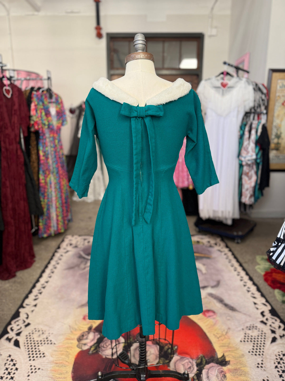 Vintage Wool Teal Holiday Dress with Faur Fur Collar and Bow M